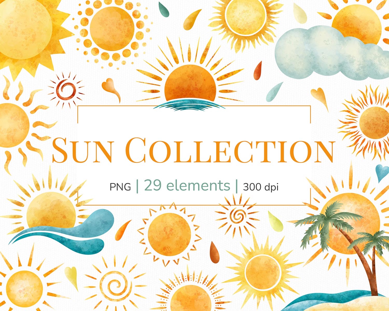 01 - Sun clipart - preview Watercolor Summer Sun Clipart - Image 1