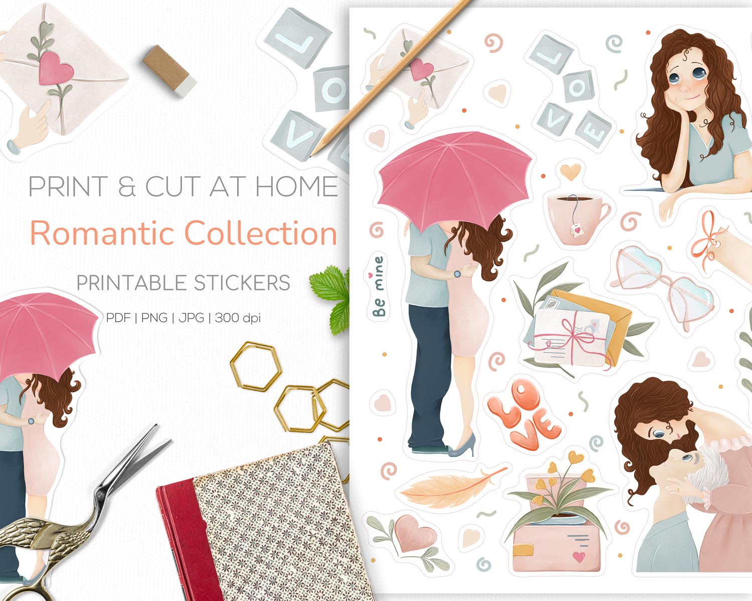 01 - Romantic love printable sticker sheet - preview Romantic Stickers - Image 1