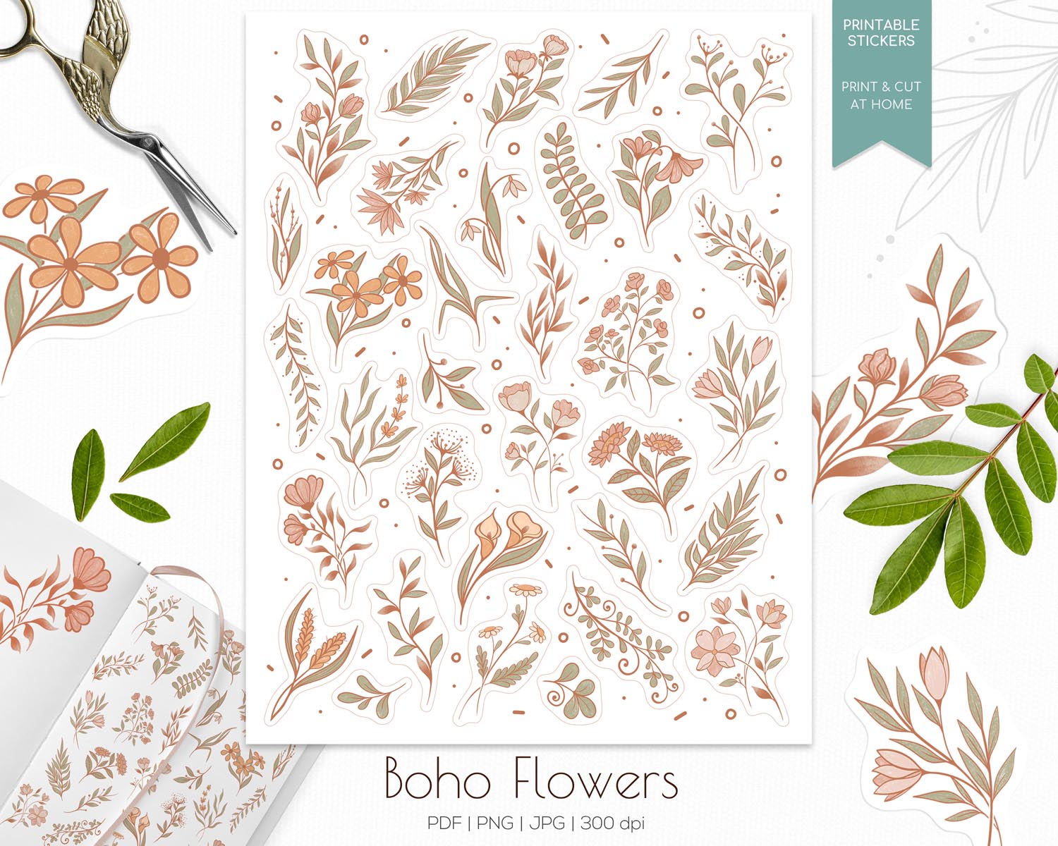 01-2 - Boho flowers printable sticker sheet - preview Boho Flowers Stickers - Image 1