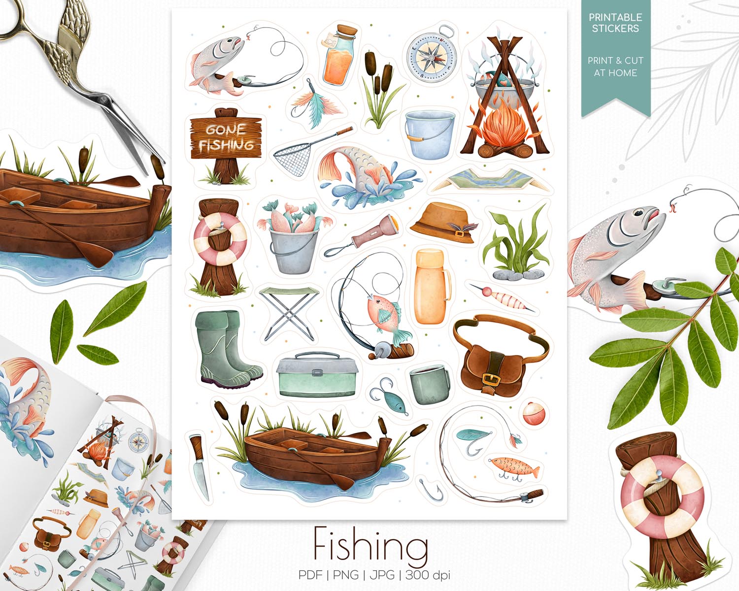 01-2 - Fishing printable stickers - preview Fishing Stickers - Image 1