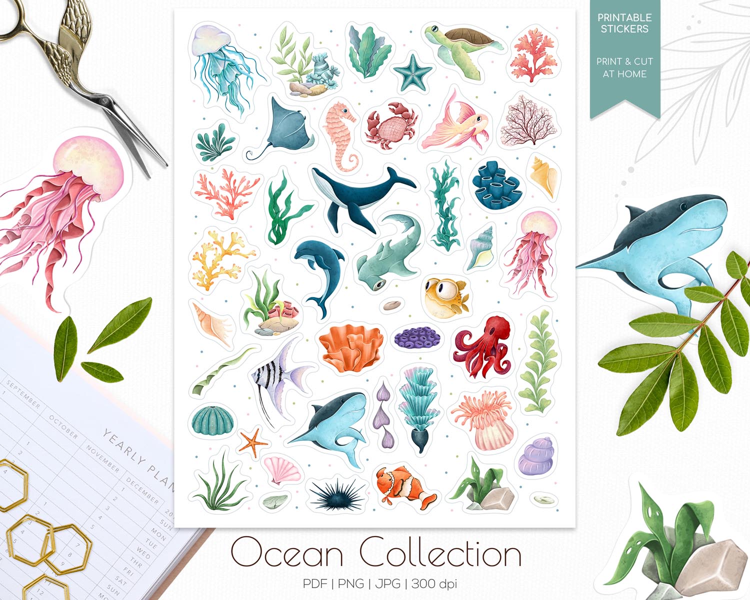 01-2 - Ocean printable stickers sheet - png files - preview Ocean Stickers - Image 1