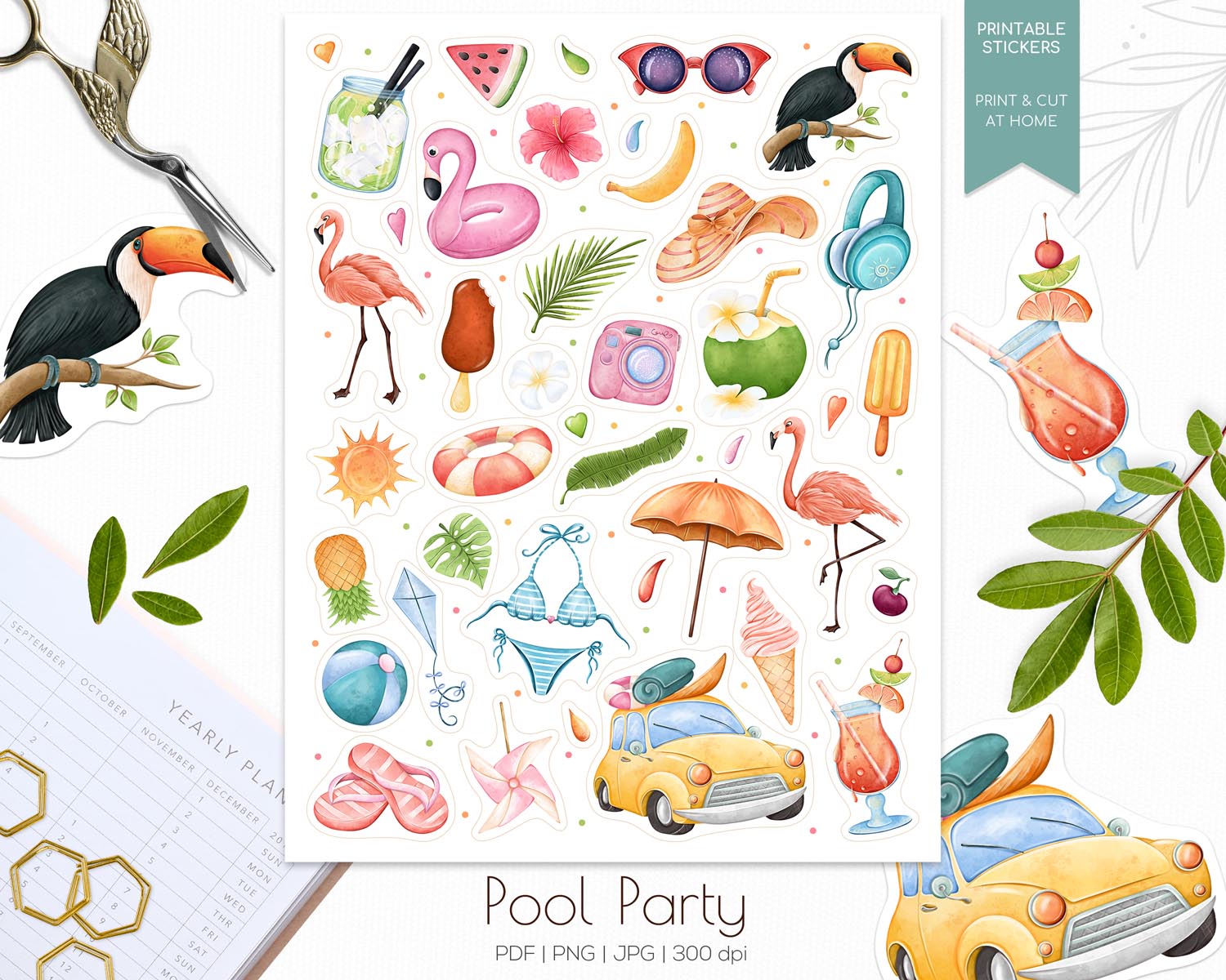01-2 - Summer party printable stickers - preview Pool Party Stickers - Image 1